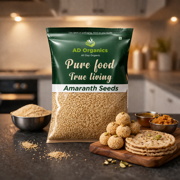 Organic amaranth seeds 200g pack with a wooden bowl of rajgira seeds