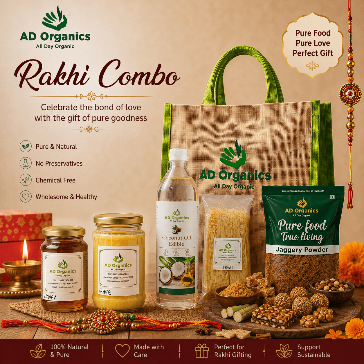 Organic Raksha Bandhan Gift Hampers for Sisters | 5-in-1 Organic Combo - adorganics.in